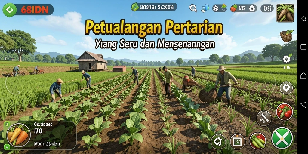 Gameplay 68IDN menampilkan petani merawat tanaman dengan penuh perhatian.
