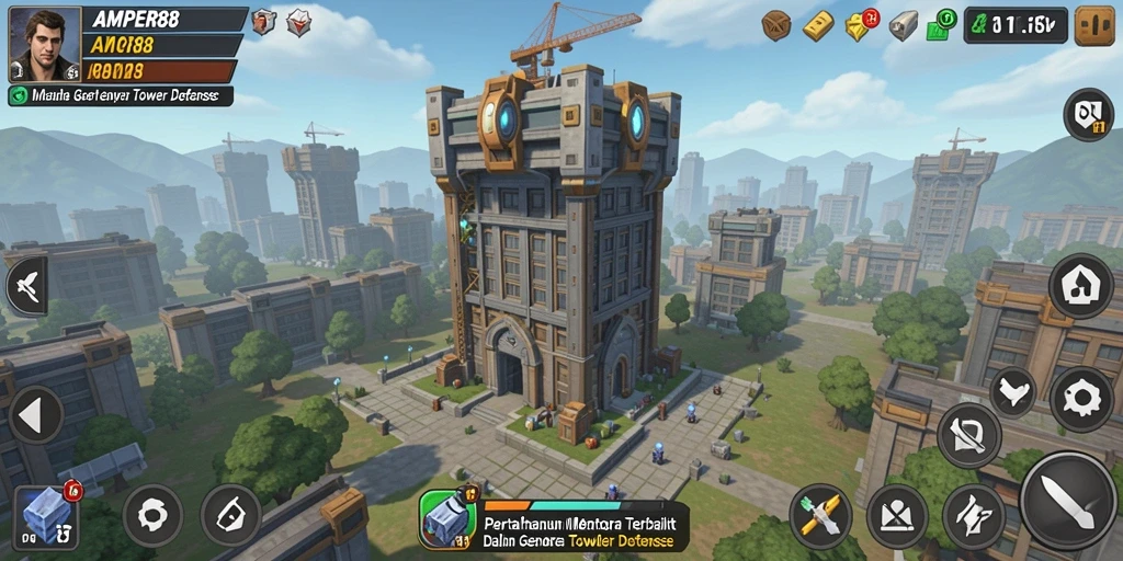 Tangkapan layar dari gameplay <strong>AMPER88</strong> yang menampilkan pertahanan menara yang berstrategi.