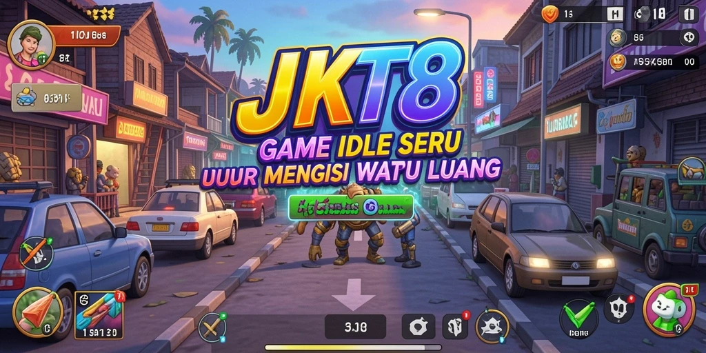 Screenshot utama JKT8 menampilkan gameplay santai dan otomatis.