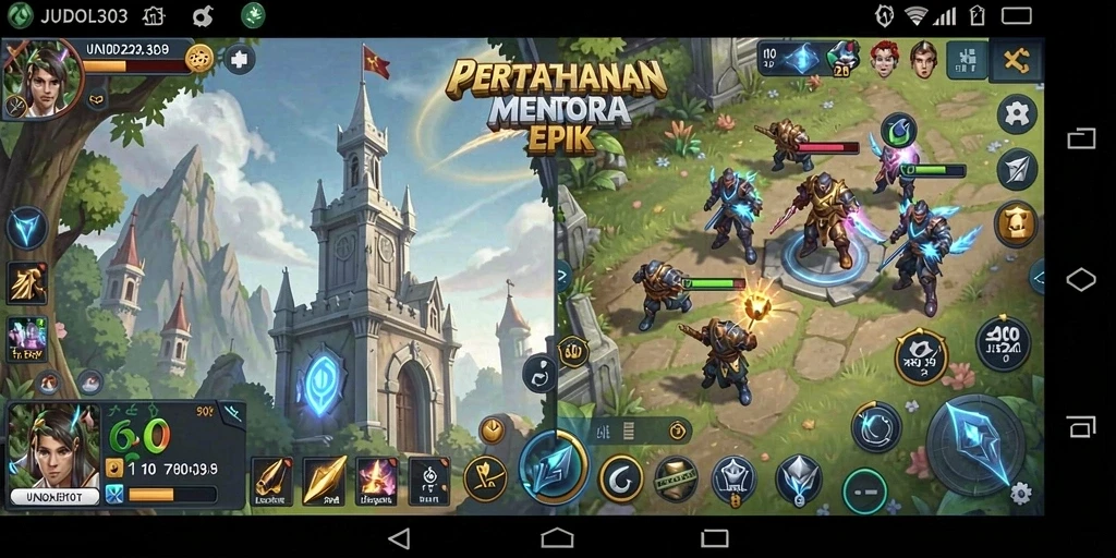 Screenshot gameplay JUDOL303 menampilkan menara dan musuh dalam pertempuran.
