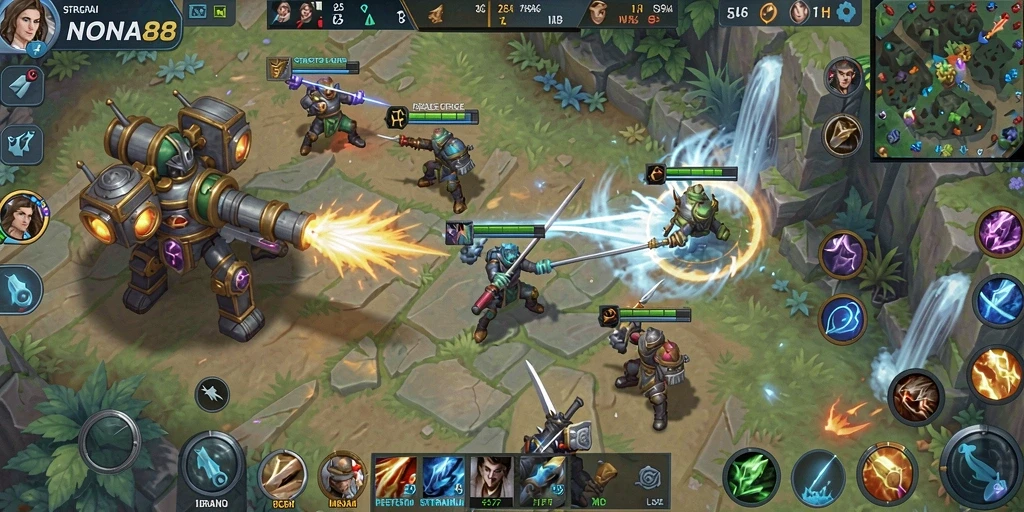Tampilan gameplay NONA88 yang seru dan strategis di arena MOBA.